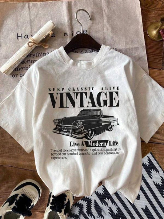 Women's Vintage Car & Letter Print Round Neck Tee, Casual Short Sleeve Crew Neck T-shirt for Summer, Fashion Women's Top for Daily Wear