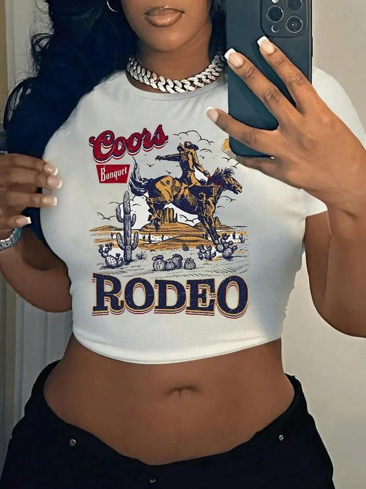 Women's Vintage Cartoon Cowboy & Letter Print Round Neck Crop Tee, Western Trendy Casual Short Sleeve T-shirt for Daily Wear, Ladies All Seasons Outfit