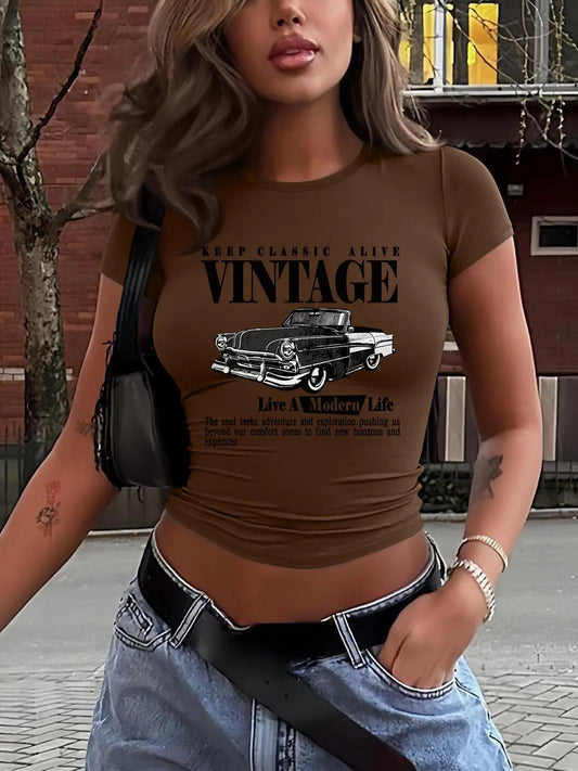 Women's Vintage Classic Car Print Round Neck Tee, Casual Short Sleeve T-shirt for Daily Wear, Ladies Clothes for All Seasons, Top
