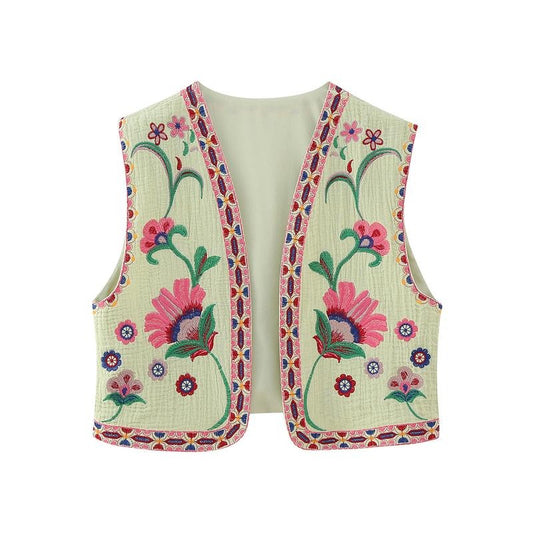 Women's Vintage Floral Embroidered Vest Y2K Linen Sleeveless Cardigan Cropped Tops Lightweight Crochet Open Front Outwear Gilet Casual Street