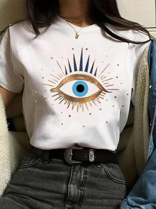 Women's Vintage Round Neck Graphic Tee, Casual Short Sleeve Crew Neck T-Shirt for Summer, Ladies Clothes for Daily Wear