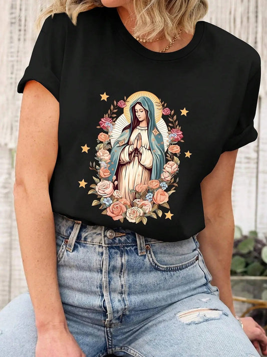 Women's Virgin Mary Print Round Neck Tee, Vintage Trendy Casual Short Sleeve T-shirt for Daily Wear, Ladies Summer Outfit