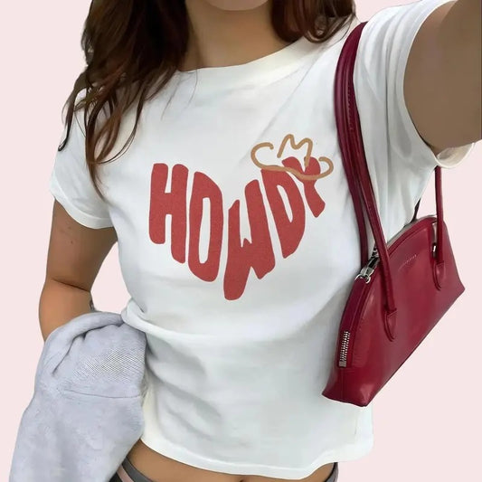 Womens Baby Tee Howdy Heart Western Women's Tee Bold Red Typography Trending Cool Girl Design Cowboy Style Shirt Rodeo Theme