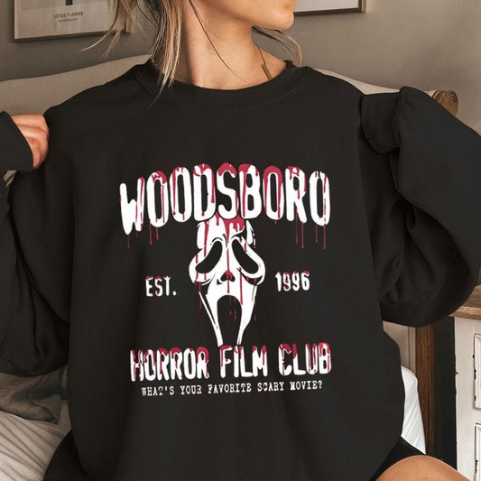 Woodsboro Horror Film Club TShirt Hoodie Sweatshirt, Spooky Season t-shirt Horror ghost Thriller shirt, Scream Vintage Halloween tee shirt