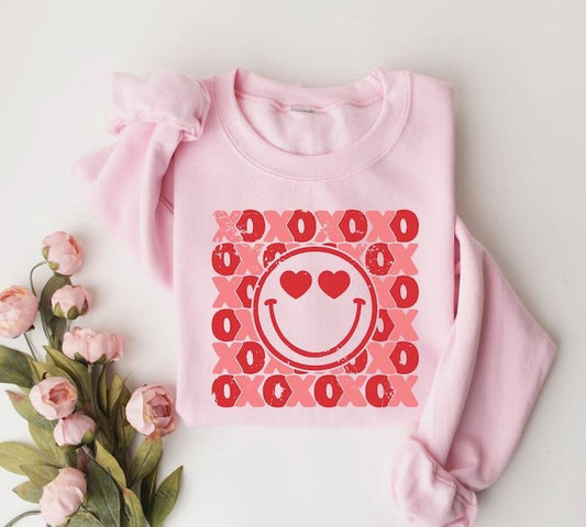 XOXO happy Face Valentine Sweatshirt, Cute Valentines Sweatshirt, Pink Smile Face Love Hoodie and Sweater; T-shirt Cotton Menswear Polyester Tops