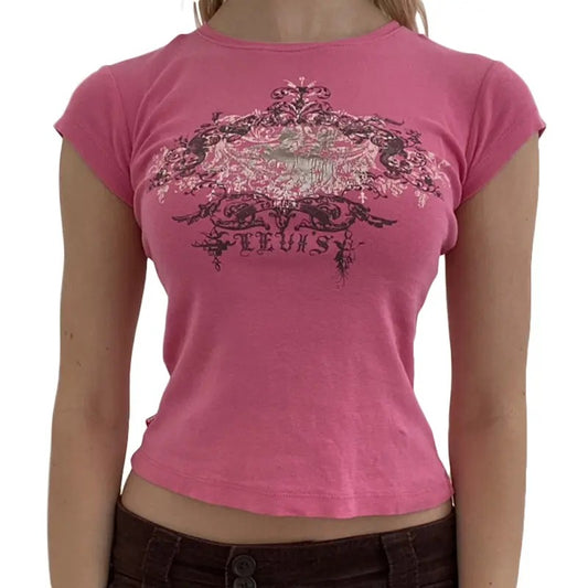 Y2K Crop Tops for Woman Casual Short Sleeve Crew Neck  Slim Fit Baby Tees Vintage Acanthus Print Exposed Navel T-Shirt