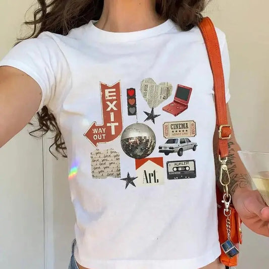 Y2K Graphic Print T-shirt, Short Sleeve Crew Neck Casual Top For Summer & Spring, Women's Clothing