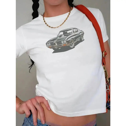 Y2K-Inspired Vintage Car Graphic Tee - Women's Crop Top with Short Sleeves & Round Neck, Perfect for Spring & Summer Casual Comfort