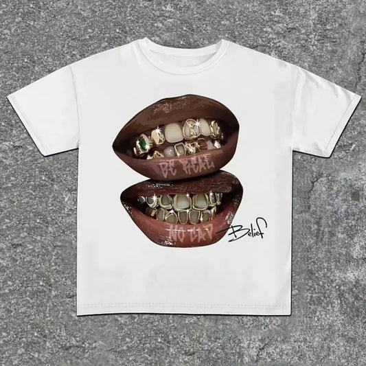 Y2K Style Women's Blended T-shirt with Unique Print, Crew Neck, Short Sleeves, Casual Summer Top, Menswear Womenswear Top
