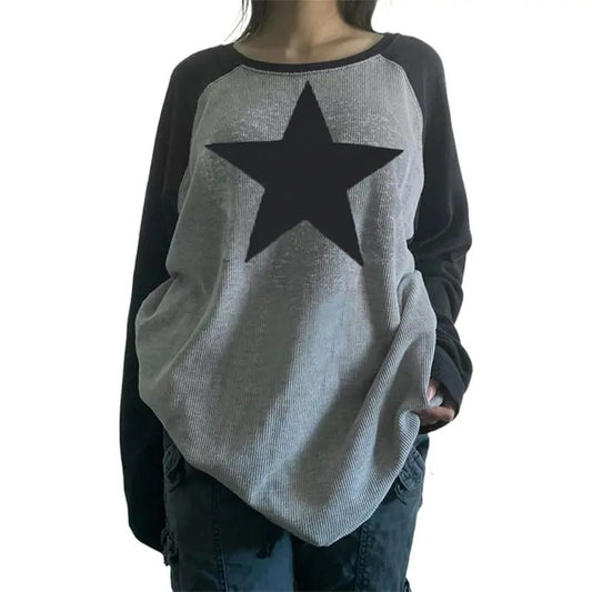 Y2k Vintage Goth Shirt Women Gothic Baggy Shirt Long Sleeve Star Printing Fairy Grunge Sweatshirt Oversized Loose T-shirt