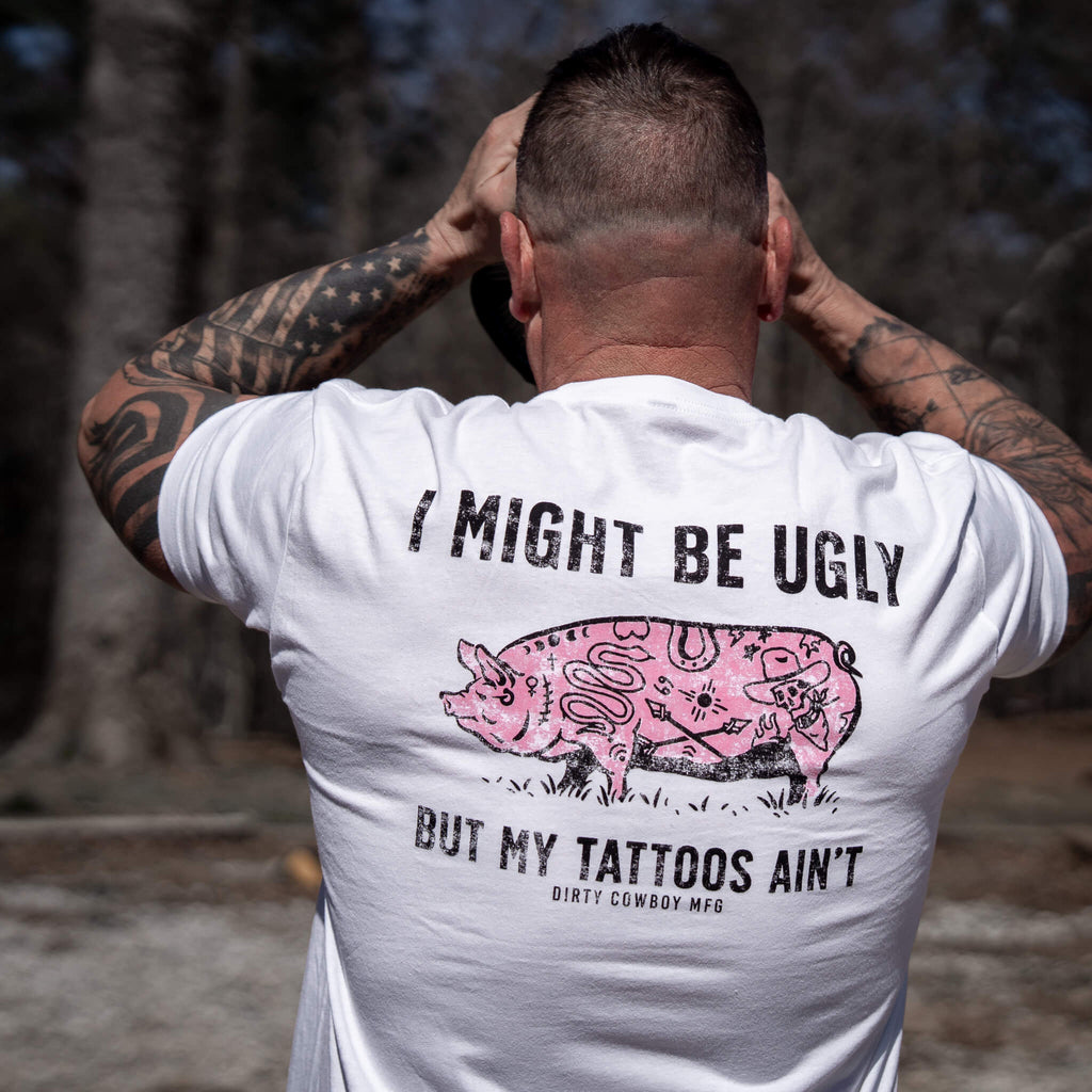 I Might Be Ugly but My Tattoos Ain't Pig Men's T-Shirt Hoodie, Sweatshirt | CoreVibeTees.com (Image 2)