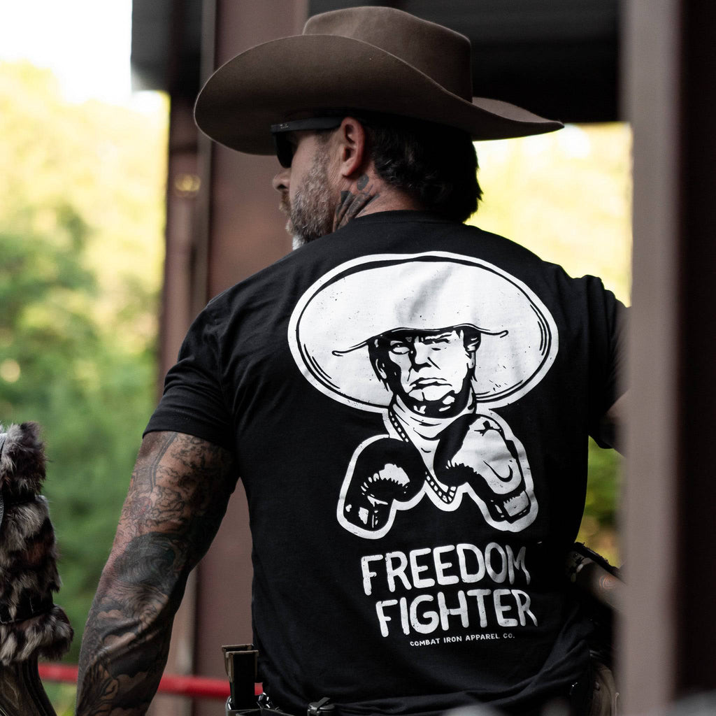 Freedom Fighter Cowboy President Trump Men's T-Shirt Hoodie, Sweatshirt | CoreVibeTees.com (Image 2)