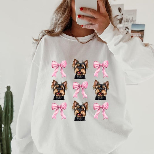 Yorkie with Bows Sweatshirt ~ Sweatshirt Unisex Apparel Relaxed Fit Printed in the USA Clothing Womenswear Casual and Comfortable