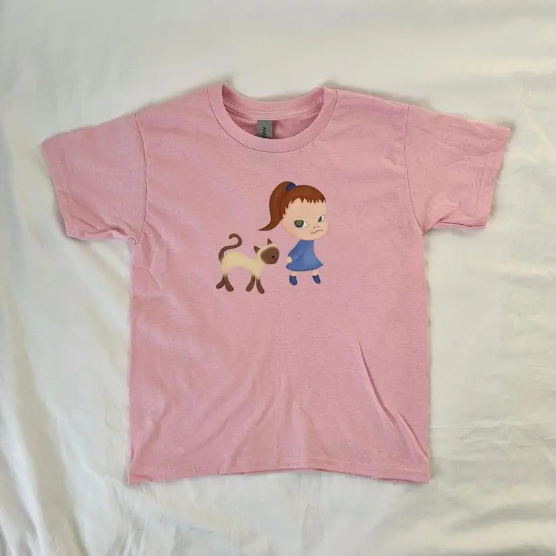 Yoshitomo Nara Girl and Cat Baby Tee, y2k clothing, Pinterest ,vintage, streetwear, trendy, 90s style baby tee, ahs style