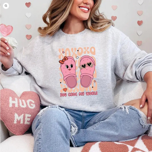 You Croc My World Valentine Printed Sweatshirt, Funny Sweatshirt, Xoxo Sweater, Cute Valentine Shirt, Printed Comfort Colors T-Shirt, Full Color Print