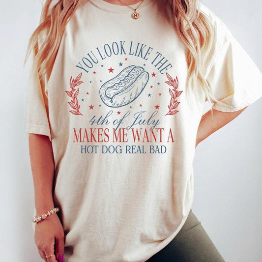You Look Like The 4th Of July Makes Me Wat A Hot Dog Real Bad Shirt, Funny Patriotic Shirt, America Shirt, Independence Day T Shirt, USA Shirt, Funny 4th of July Gift T-shirt, Hot Dog Shirt, Independence Day Parade Outfits, 4th Of July Women Top