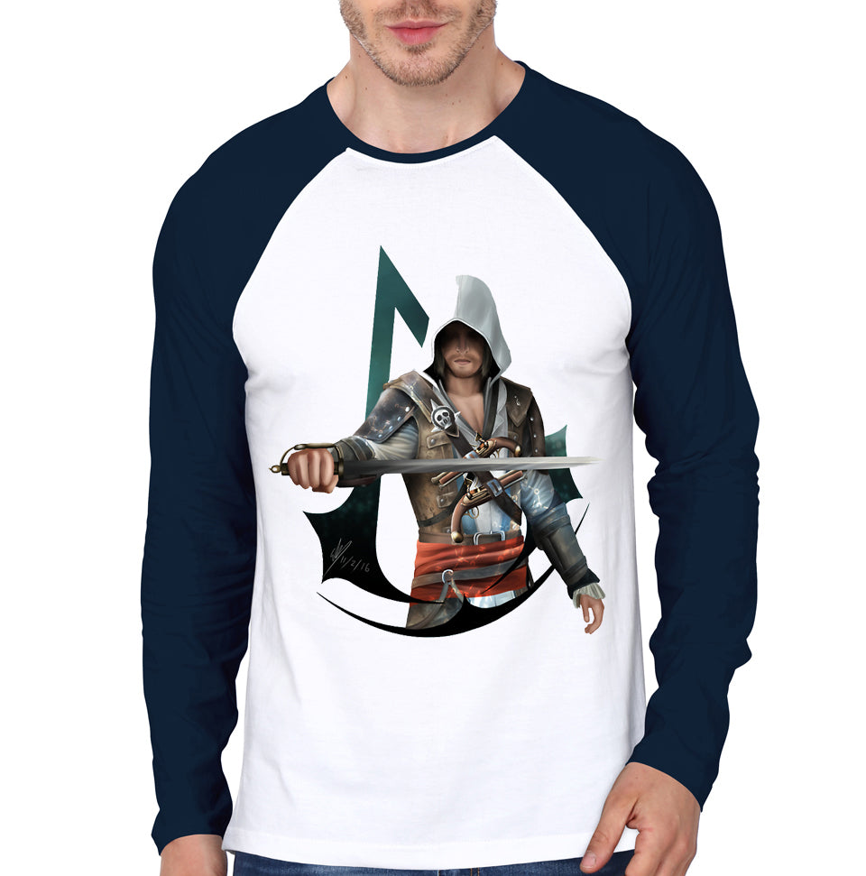 Assassins Cred White & Navy Raglan Tee Hoodie, Sweatshirt | CoreVibeTees.com