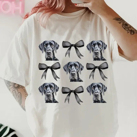 blue Great Dane with bows Shirt ~ Unisex Apparel Relaxed Fit Printed In The USA Clothing Womenswear Casual Comfort Cotton Top Athletic Boho Chicbrown chihuahua