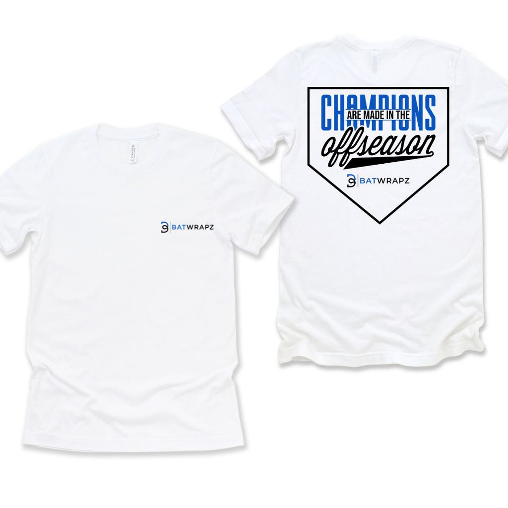 BatWrapz Baseball "Champions Are Made in the Offseason" Youth T-Shirt Hoodie, Sweatshirt | CoreVibeTees.com (Image 1)