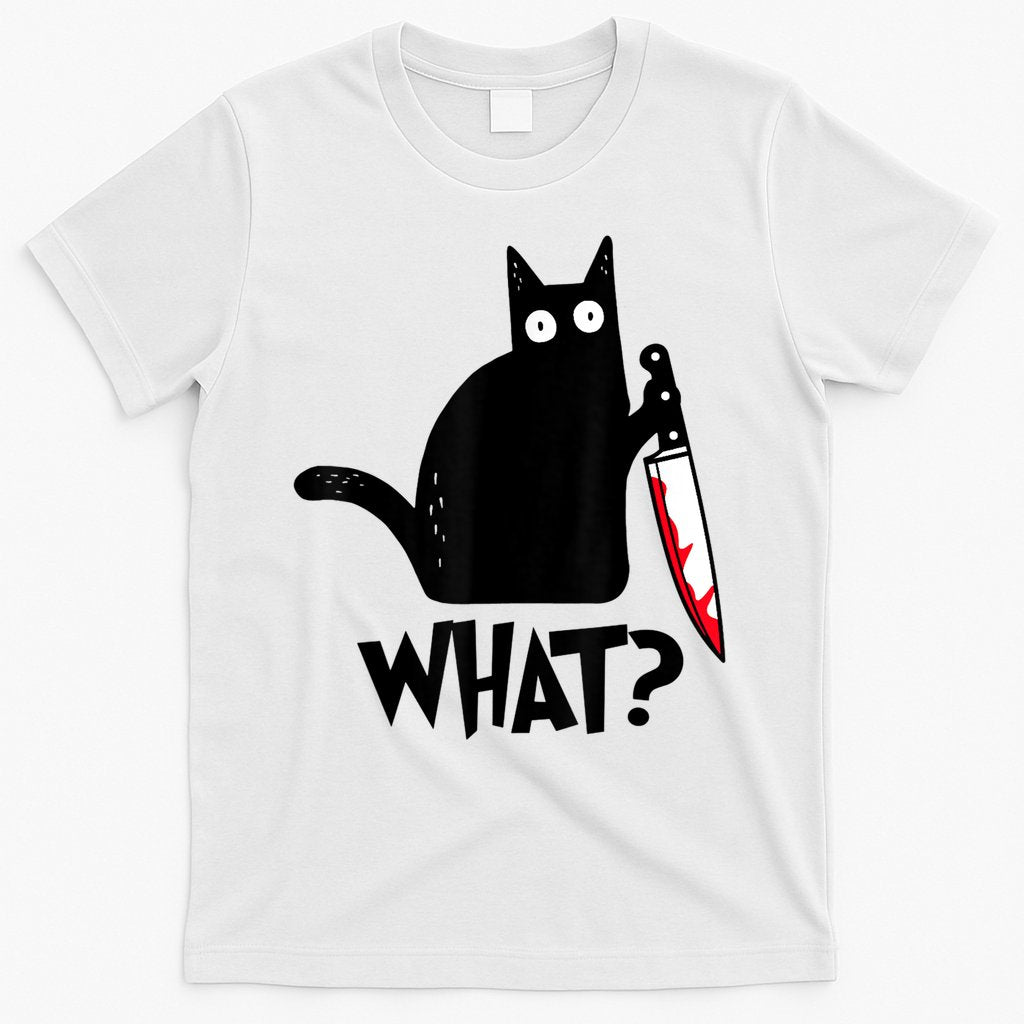Cat What? Funny Black Cat Murderous Cat With Knife T-Shirt Hoodie, Sweatshirt | CoreVibeTees.com