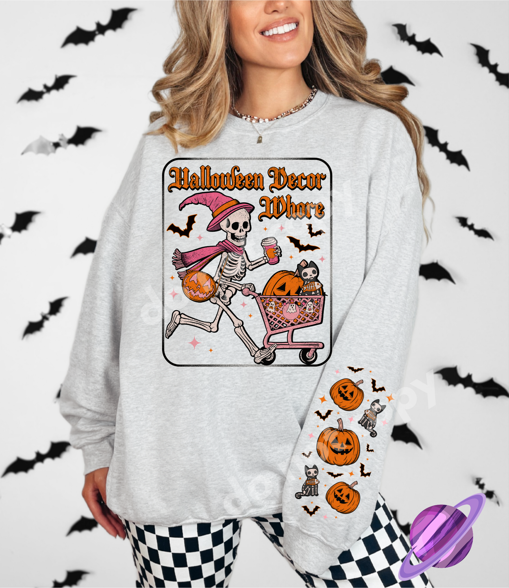 DECOR WHORE FALL- CREWNECK SWEATSHIRT  W/ SLEEVE PRINT T-Shirts, Hoodie | CoreVibeTees.com (Image 1)