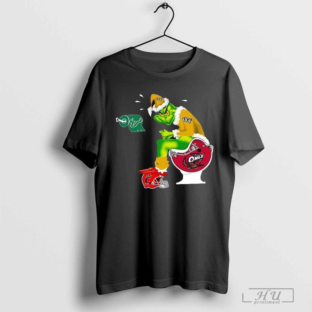 The Grinch Sitting On A Toilet Wearing A UCF Knights Toilet Temple Owls Cincinnati Bearcats Christmas Shirt Hoodie,...
