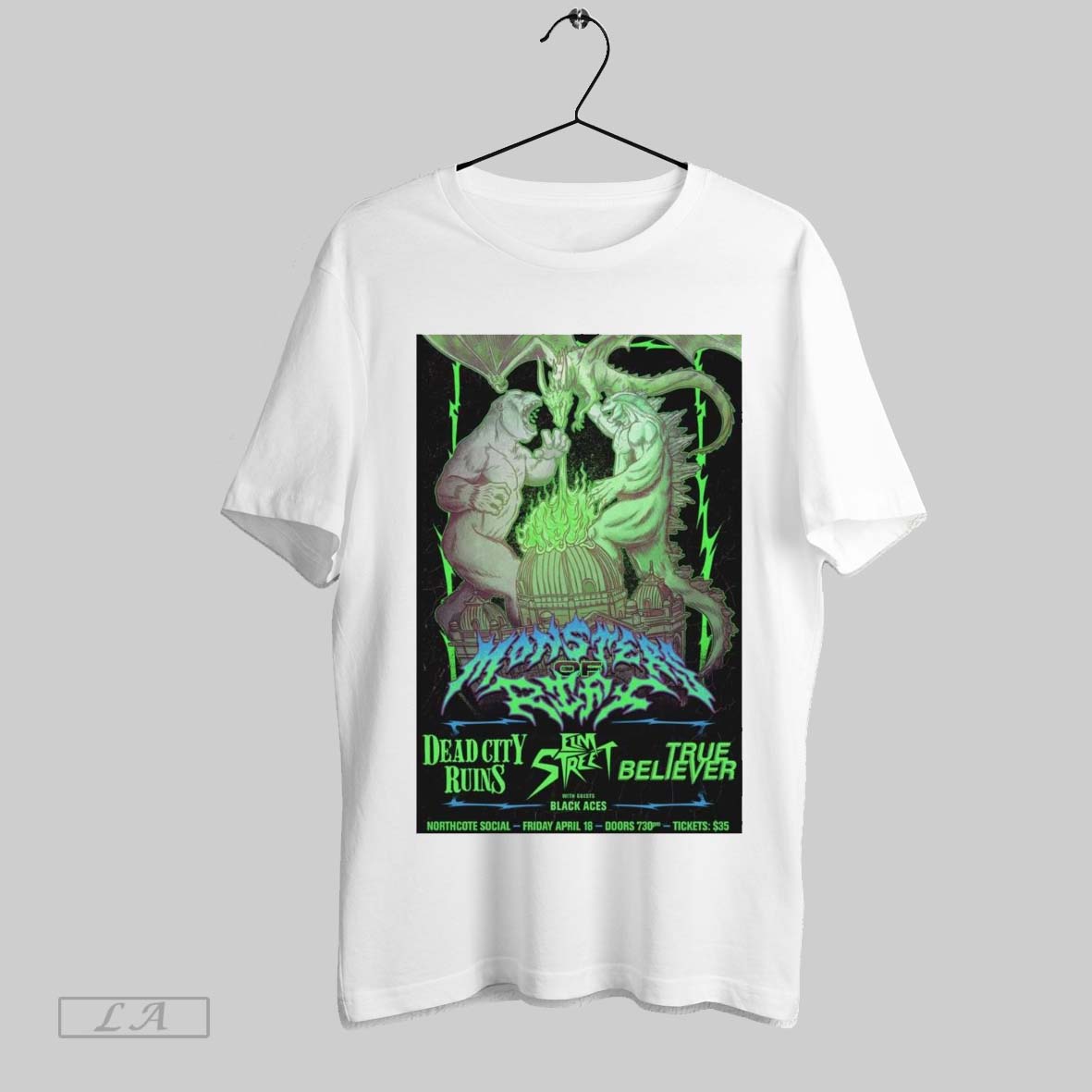 Top Poster Monsters Of Riff With Elm Street April 18 2025 Northcote Social Club Dead City Ruins Vs True Believe T Shirt...
