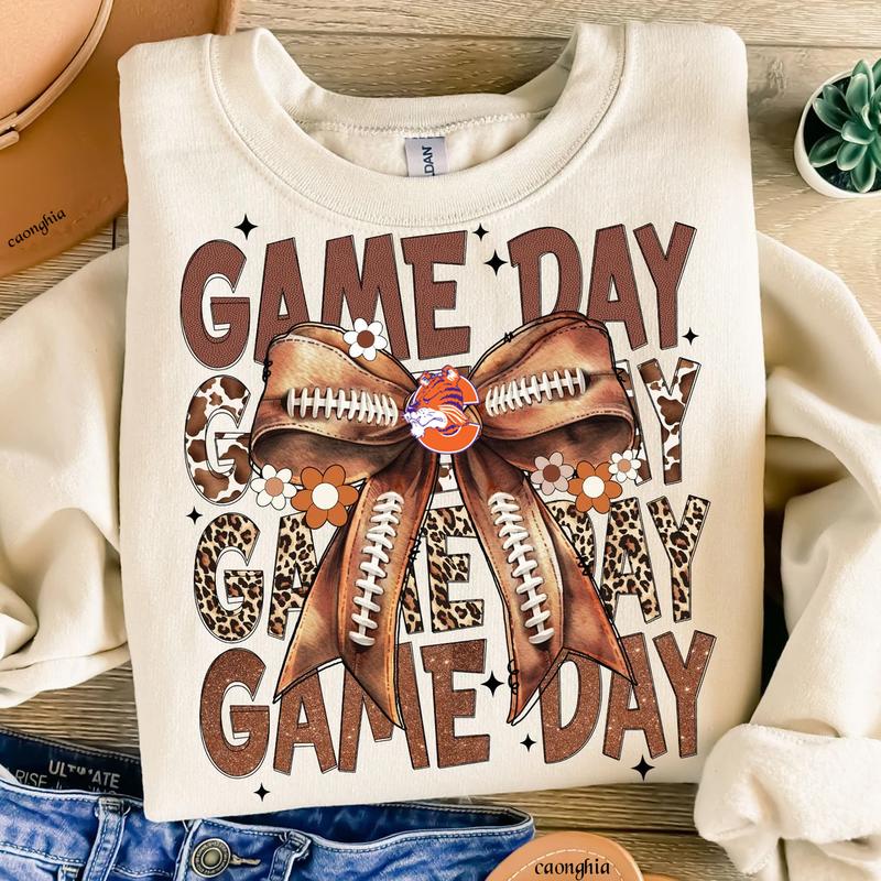 Vintage Clemson Football Coquette Bow Game Day Shirt, Gameday Women's Sweatshirt Cotton Fit Top Womenswear Hoodie (Image 2)