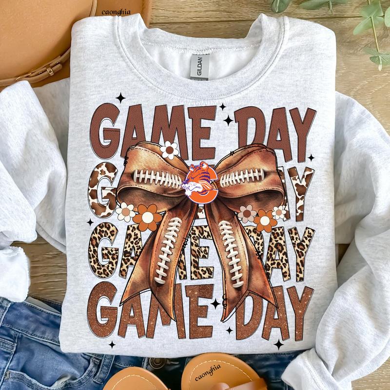 Vintage Clemson Football Coquette Bow Game Day Shirt, Gameday Women's Sweatshirt Cotton Fit Top Womenswear Hoodie (Image 3)