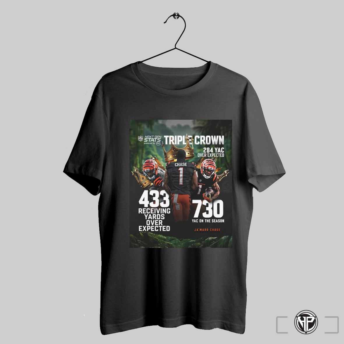 Top Ja Marr Chase Triple Crown 284 Yac Over Expected 433 Receiving Yards Over Expected 730 Yac On The Season Shirt Trendy...