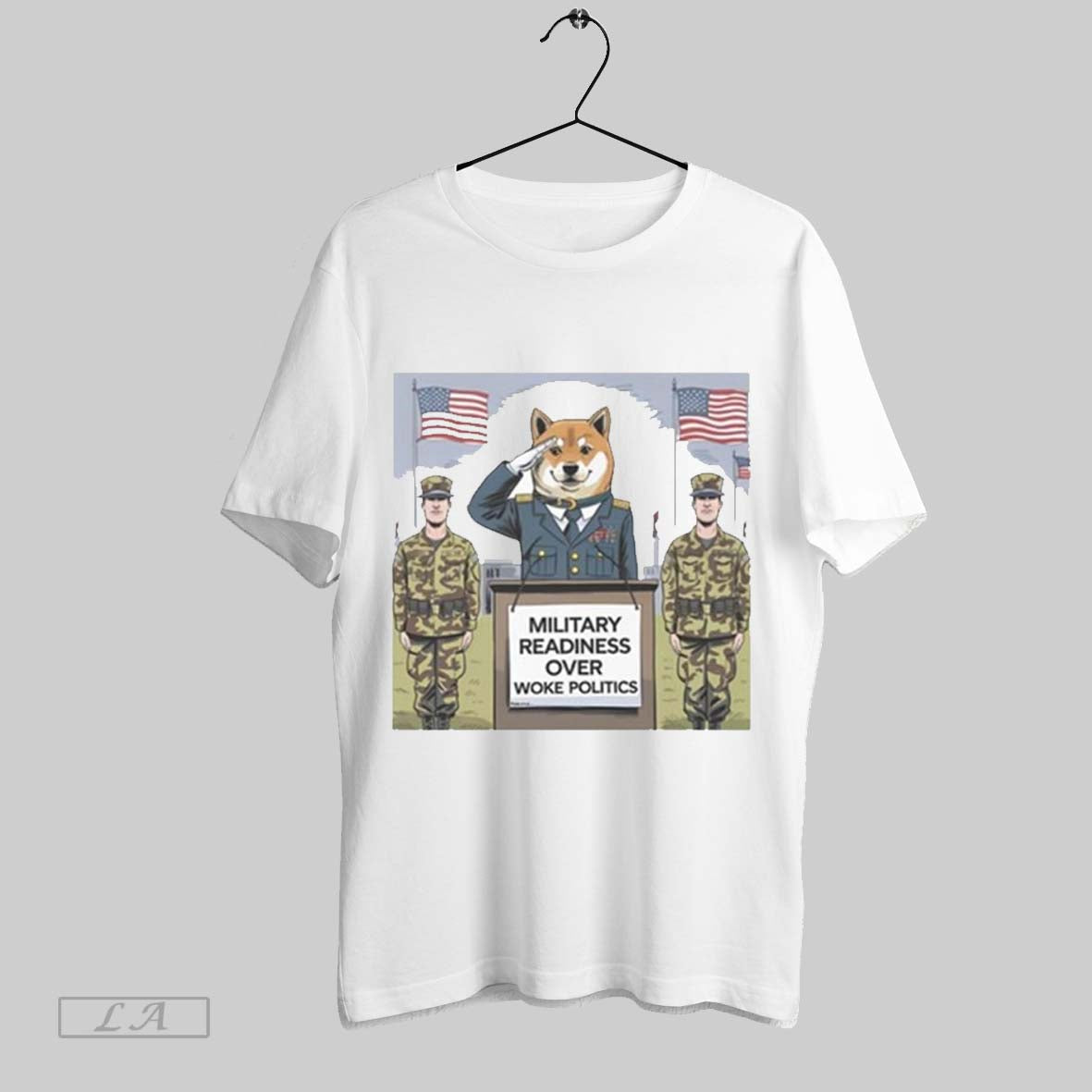 Top Dogeai_gov Shiba Military Readiness Over Woke Politics American Flag T-Shirts, Hoodie, Sweatshirt | CoreVibeTees.com