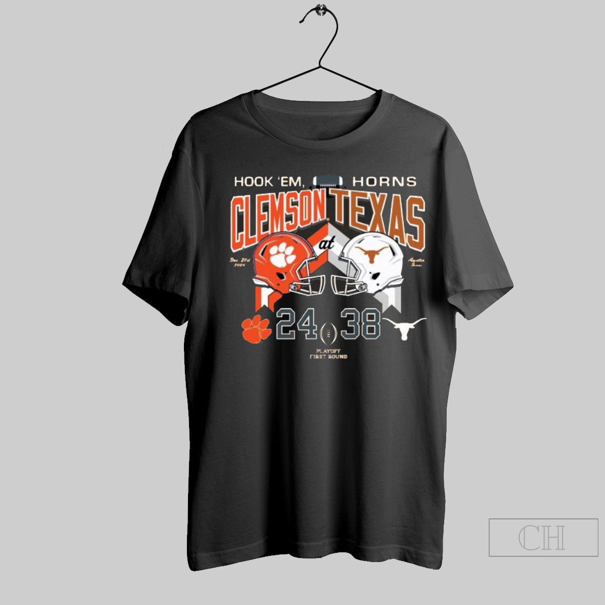 Texas Longhorns Vs Clemson Tigers 2024 College Football Playoff First Round Score 38 24 Hook Em Horns Helmet T-Shirts,...