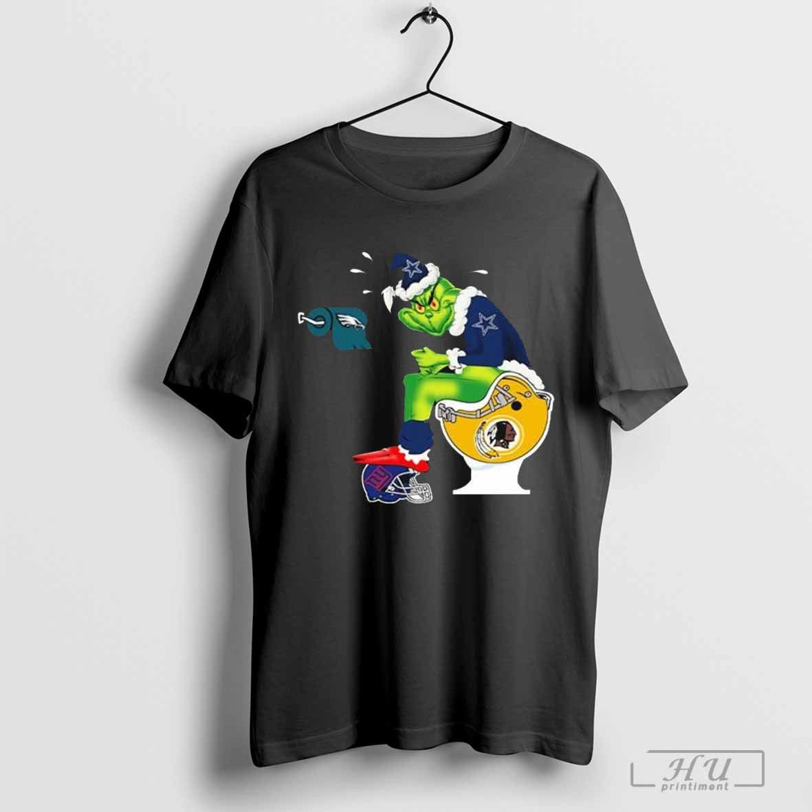The Grinch Sitting On A Toilet Wearing A Dallas Cowboys Toilet Washington Redskins New York Giants Christmas Shirt...
