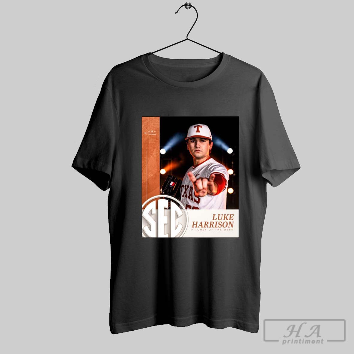 Texas Longhorns Baseball Luke Harrison Pitcher Of The Week Sec 2025 Poster T Shirt Hoodie, Sweatshirt | CoreVibeTees.com