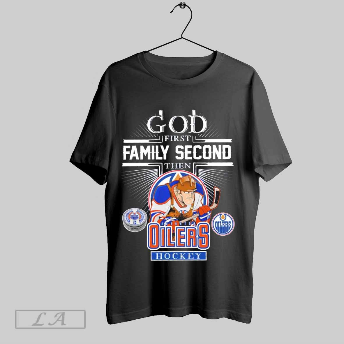 Top Edmonton Oilers God First Family Second Then Oilers Hockey Mascot T-Shirts, Hoodie, Sweatshirt | CoreVibeTees.com