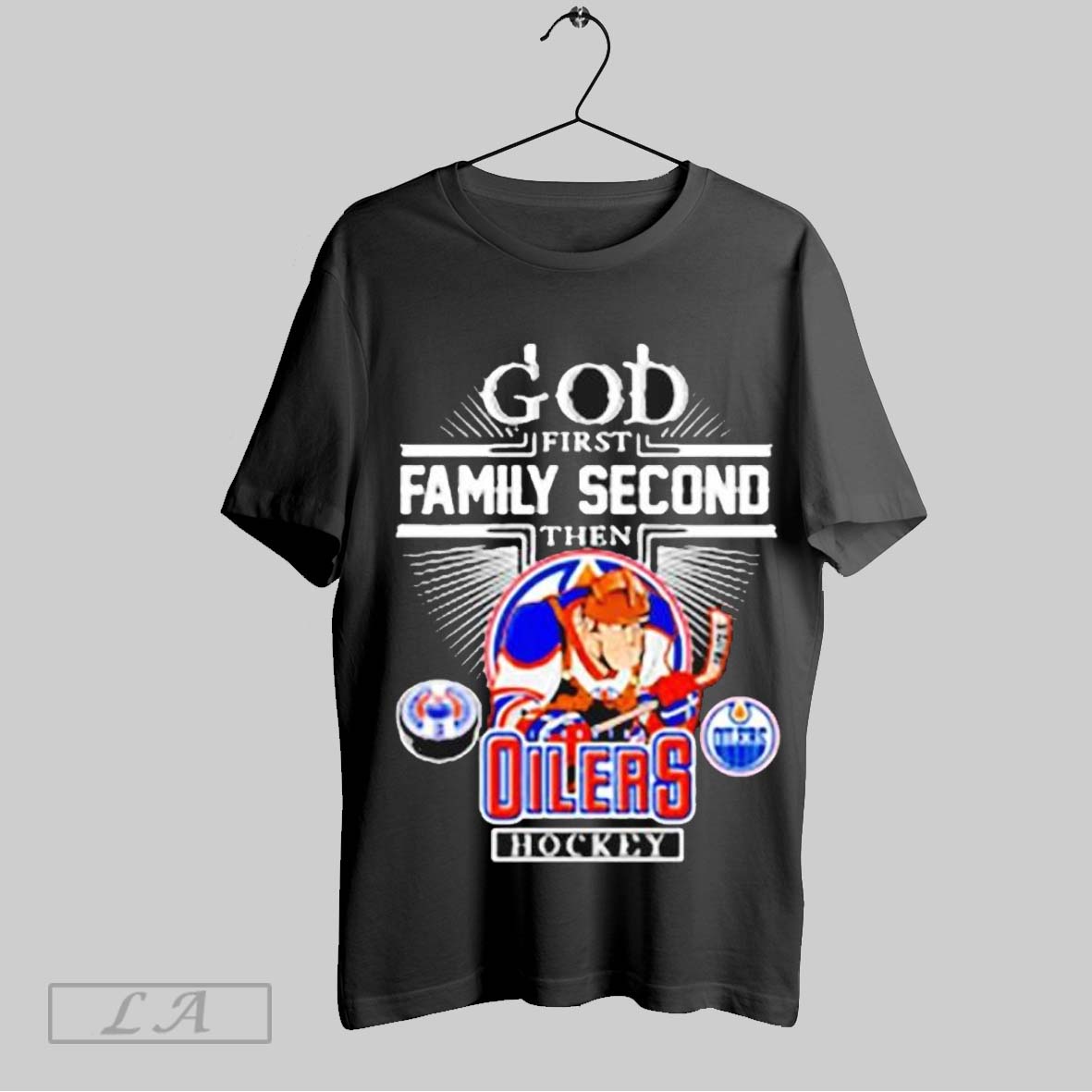 Top God First Family Second Then Edmonton Oilers Hockey Mascot 2025 Sweatshirt T Shirt Hoodie | CoreVibeTees.com