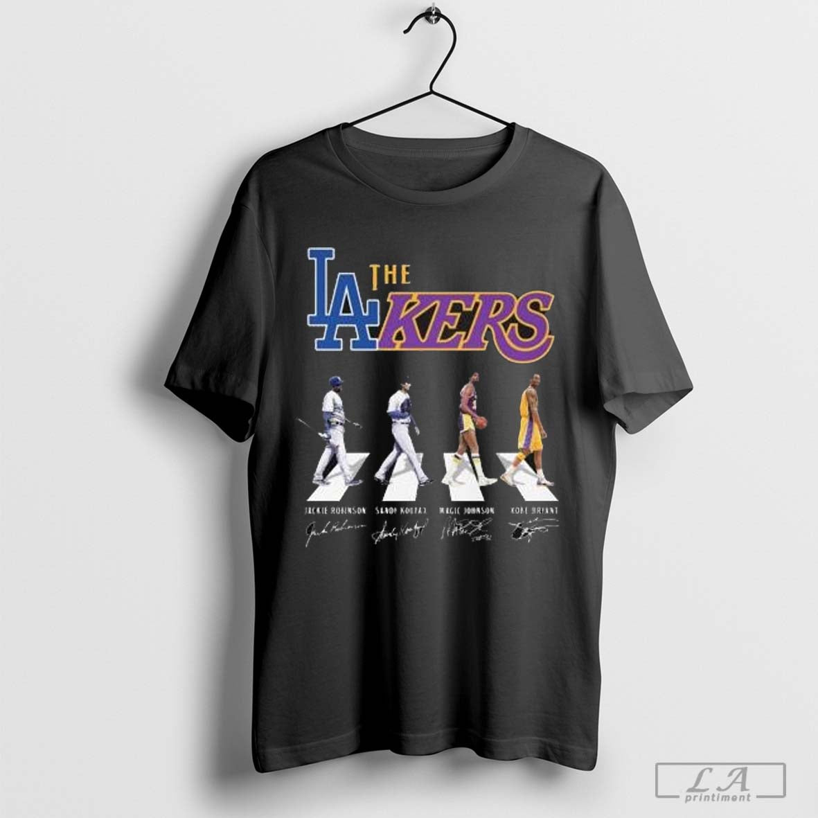 The Lakers Legends Jackie Robinson Sandy Koufax Kobe Bryant and Magic Johnson Signatures 2024 T-shirt Hoodie, Sweatshirt