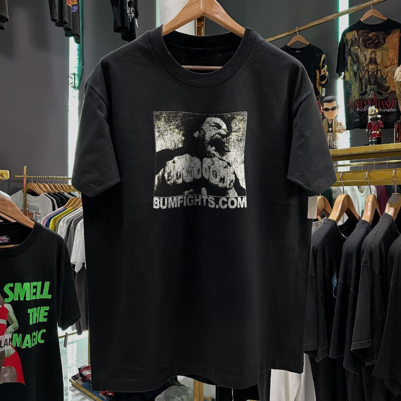 90S BUMFIGHTS PROMO RARE WASHED BLACK T-SHIRT Hoodie, Sweatshirt | CoreVibeTees.com (Image 1)