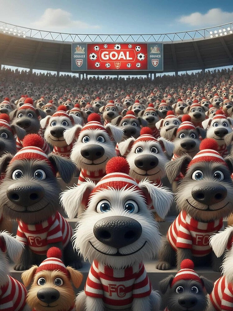 Cute Cartoon Dogs as Soccer Fans in Red Stadium Crowd by Pixel Pout