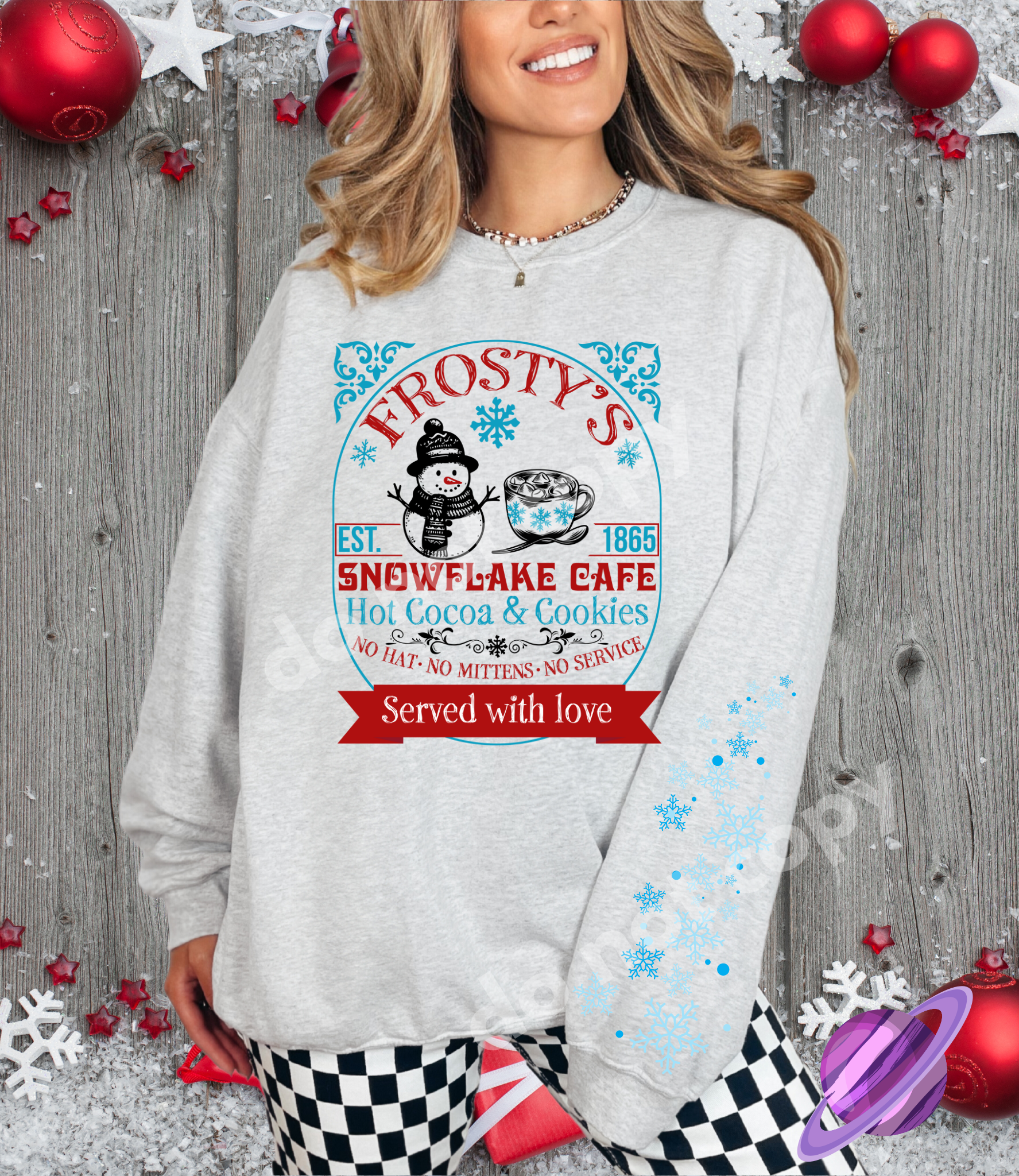 FROSTY CAFE- CREWNECK SWEATSHIRT  W/ SLEEVE PRINT T-Shirts, Hoodie | CoreVibeTees.com (Image 1)