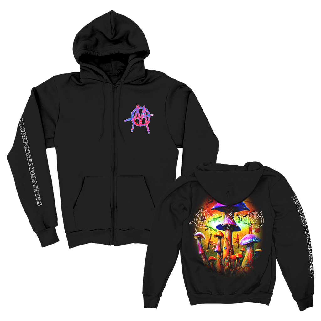 HOPIUM Mushroom Zip Up Hoodie (Black) T-Shirts, Sweatshirt | CoreVibeTees.com (Image 1)