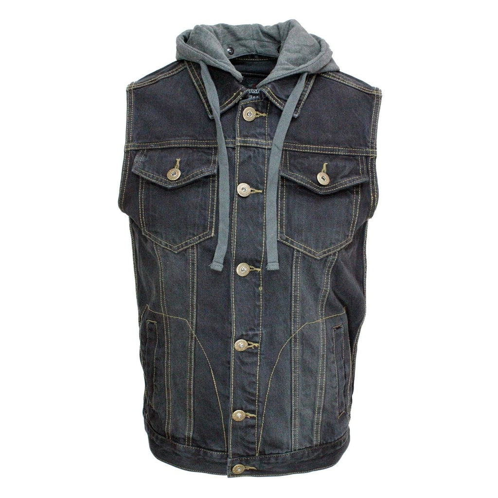Black Washed Denim Battle Vest w/ Detachable Hoodie T-Shirts, Sweatshirt | CoreVibeTees.com (Image 1)
