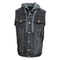 Black Washed Denim Battle Vest w/ Detachable Hoodie T-Shirts, Sweatshirt | CoreVibeTees.com (Image 1)