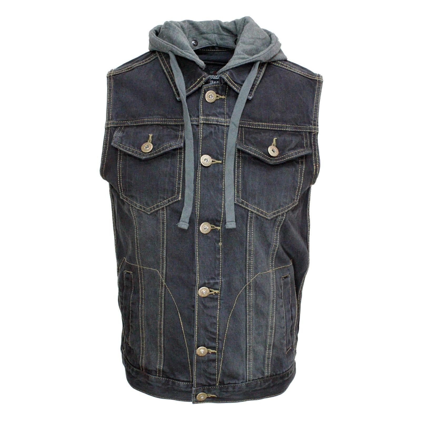 Black Washed Denim Battle Vest w/ Detachable Hoodie T-Shirts, Sweatshirt | CoreVibeTees.com (Image 1)