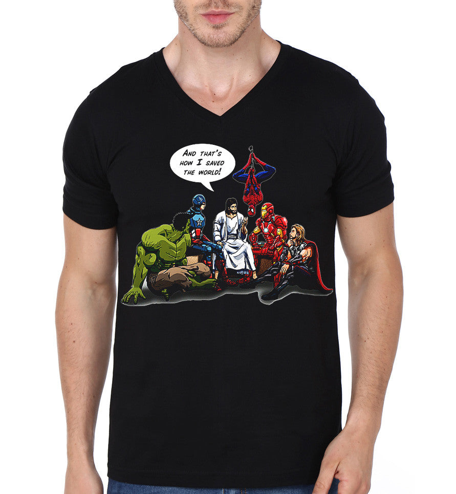 Jesus And The Avengers Thatâ€™s How I Saved The World Black V-Neck T-Shirt Hoodie, Sweatshirt | CoreVibeTees.com