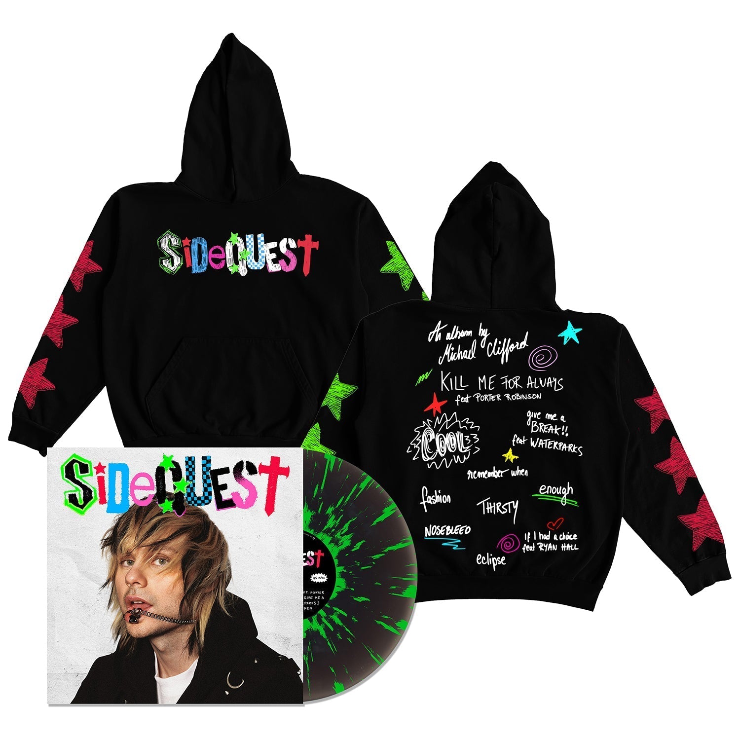SIDEQUEST LP (Black Ice w/ Neon Green Splatter Deluxe Vinyl) + Hoodie (Black) T-Shirts, Sweatshirt | CoreVibeTees.com