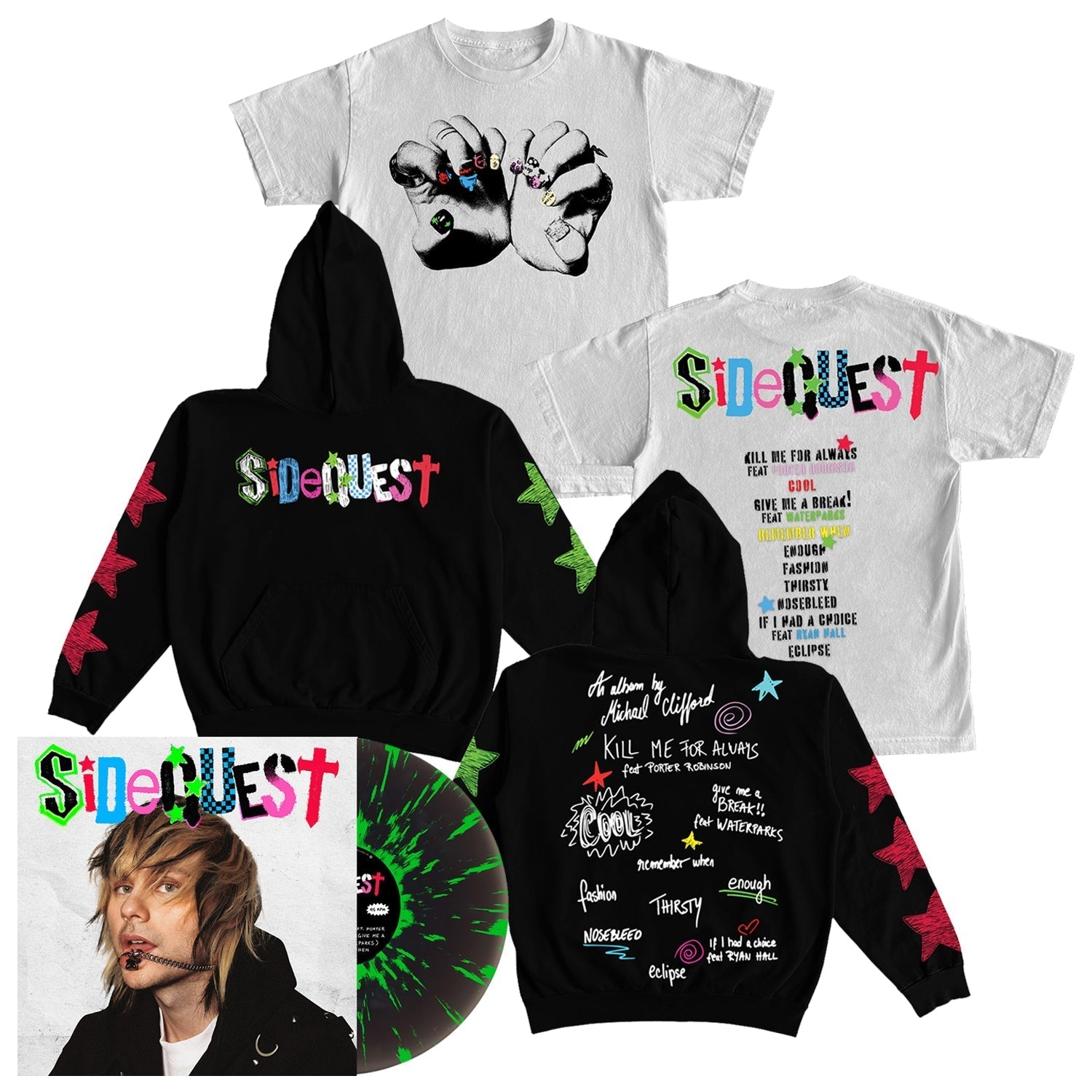 SIDEQUEST LP (Black Ice w/ Neon Green Splatter Deluxe Vinyl) + T-Shirt + Hoodie Bundle Sweatshirt | CoreVibeTees.com