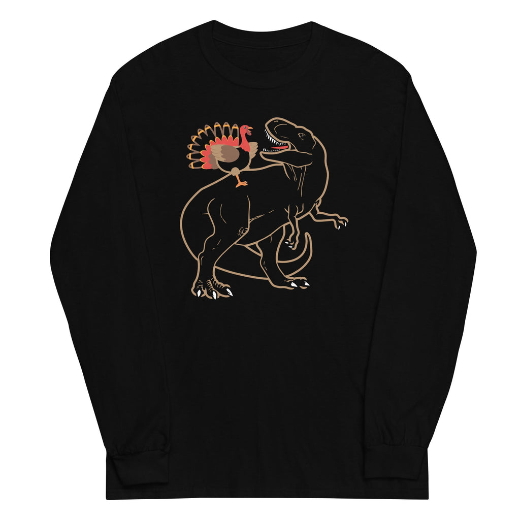 Turkey Riding T-Rex Unisex Long Sleeve Tee Hoodie, Sweatshirt | CoreVibeTees.com (Image 1)