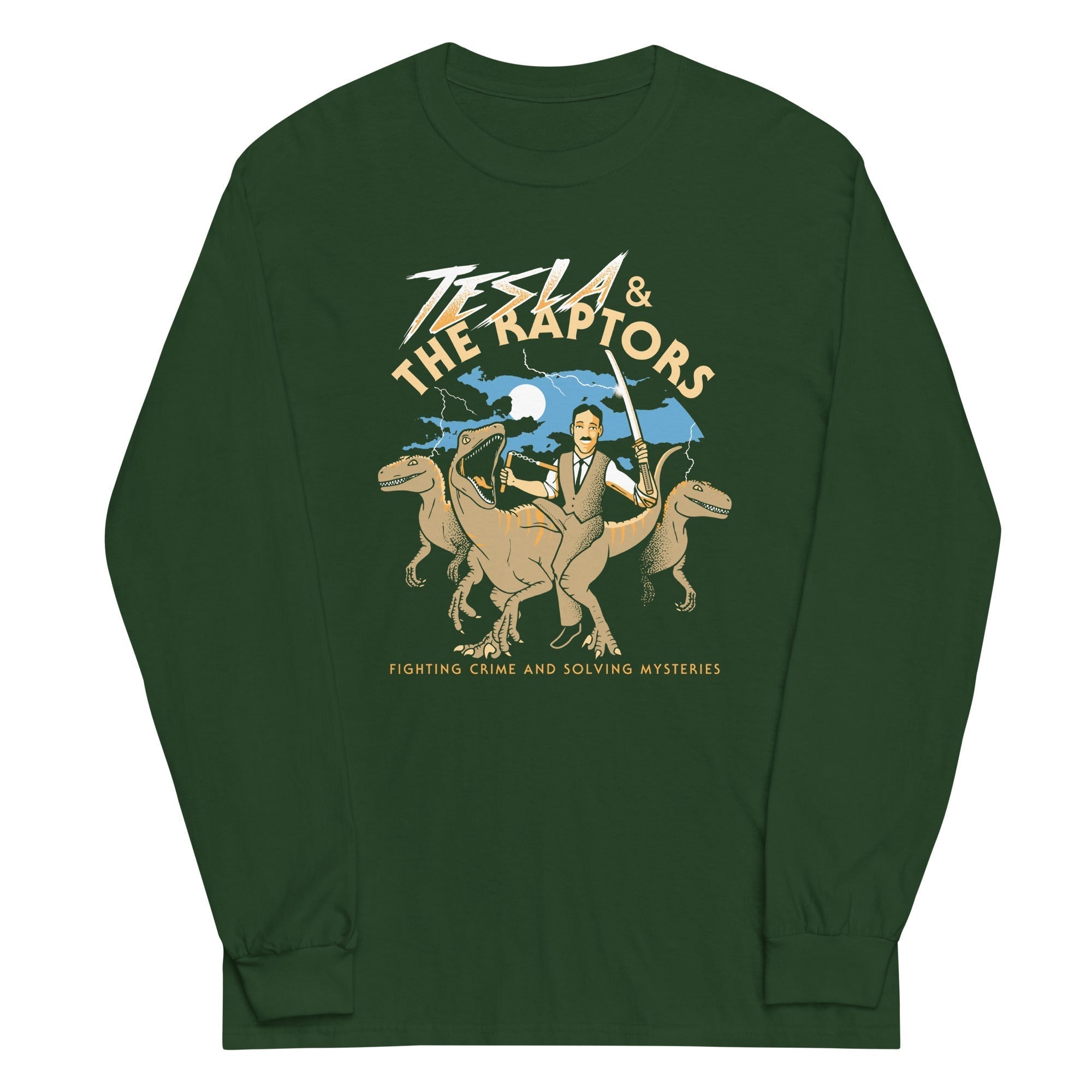 Tesla & The Raptors Unisex Long Sleeve Tee Hoodie, Sweatshirt | CoreVibeTees.com (Image 3)