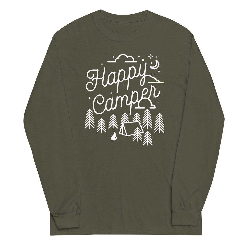 Happy Camper Unisex Long Sleeve Tee Hoodie, Sweatshirt | CoreVibeTees.com (Image 1)